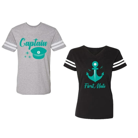 Captain First Mate Unisex Couple Matching Cotton Jersey style T-Shirt Contrasting stripes on sleeves (Men Heather / Women Black) (Men S / Women S)