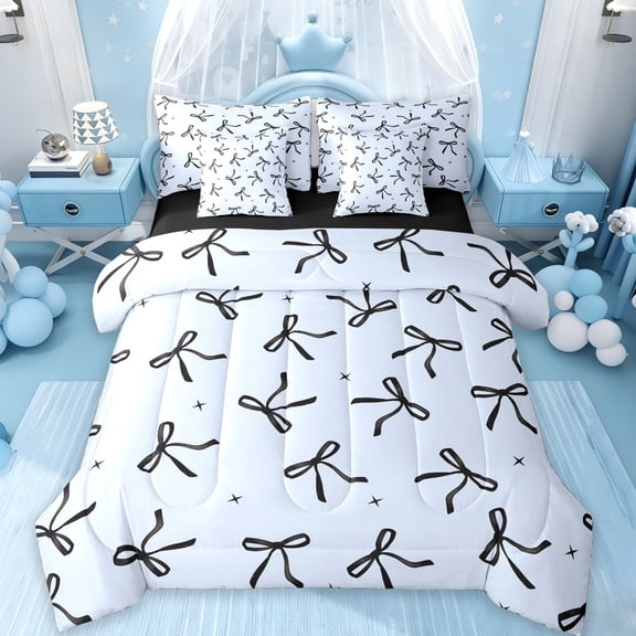 Erosebridal Dreamy Princess Bowknot 7-Piece Twin Bedding Sets,Black Bowtie Ribbon Bedding Comforter Set For Kids,Pink Reversible