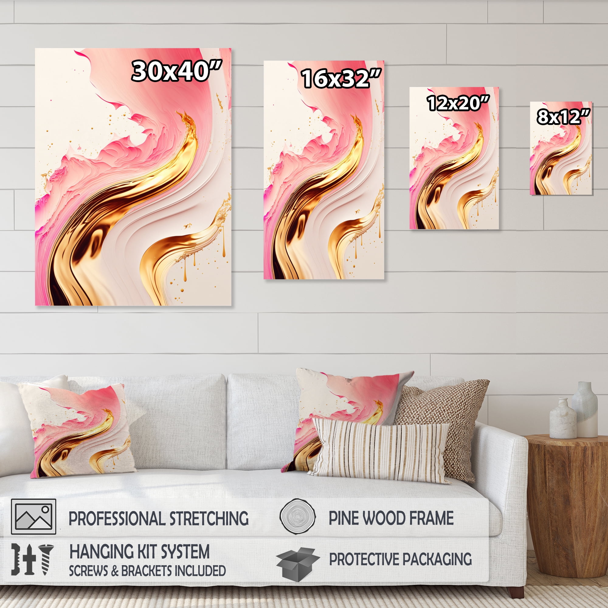 Designart Bold Pink And Gold Flow Art III Canvas Wall Art