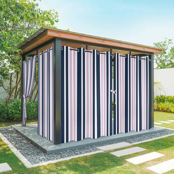 Outdoor Curtains for Patio Waterproof, Navy Blue Pink Striped Windproof Pravicy Outside Porch Blackout Curtain, Modern Minimalist Ombre Lines Sun Blocking Curtains for Cabana 2 Panels 54"x84"