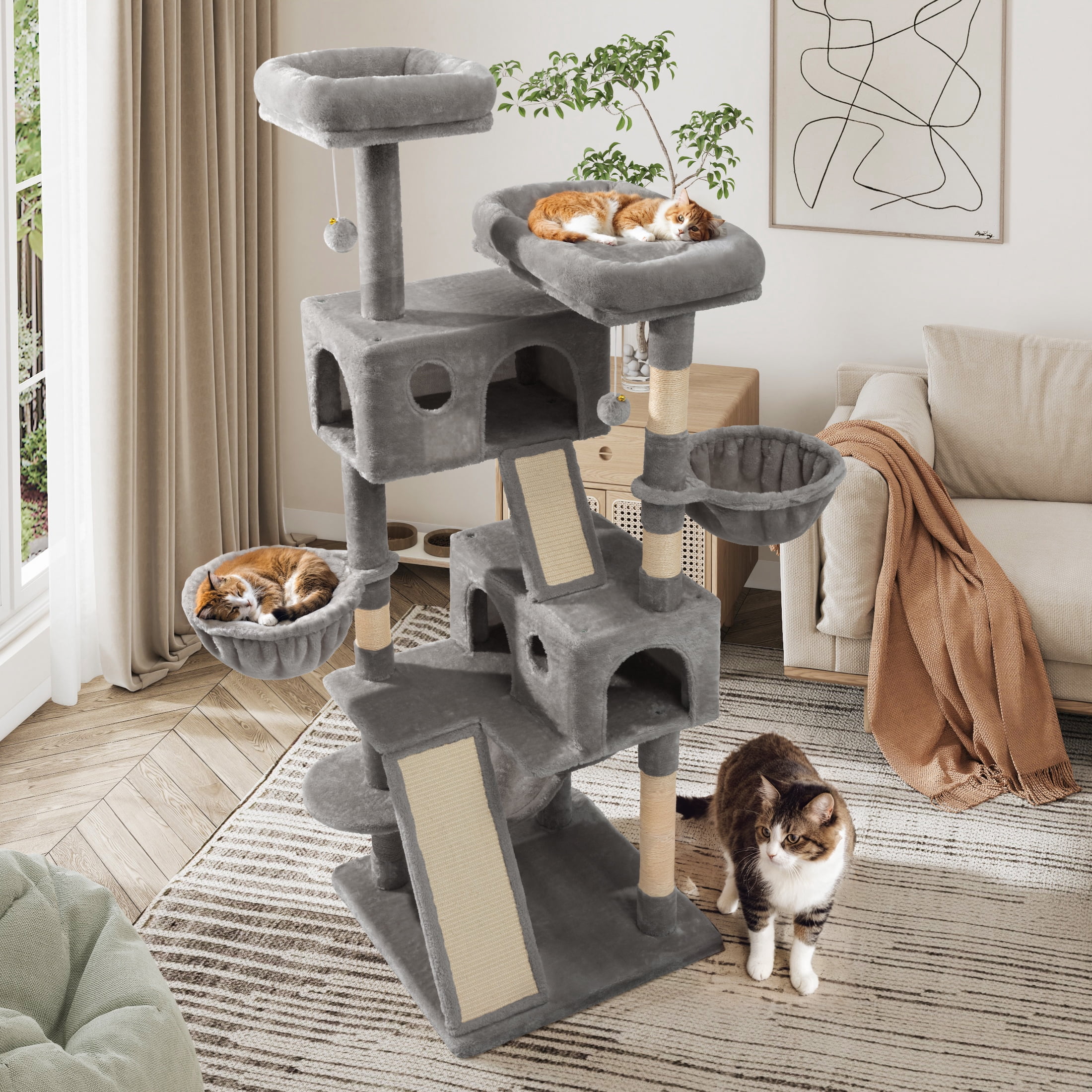 Sifurni 65.7" Large Cat Tree Tower Condo House for Cats with 2 Scratching Ramps, Hammock & Posts, Gray