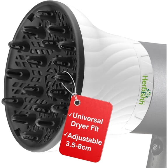 Herbishh Universal Hair Dryer Diffuser - Adjustable 3.5-8 cm, Rotary Clip for Curly & Wavy Hair, Even Heat, Reduces Frizz & Adds Volume, Heat-Resistant Air Hood for Effortless Curl Definition (White)