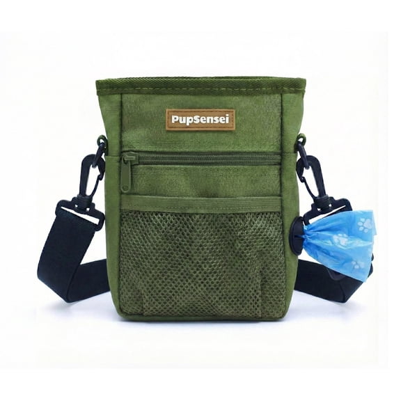 PupSensei Magnetic Dog Treat Pouch for Training - No-Spill Fabric Design, Quick One-Handed Access, Includes Adjustable Waist Strap and Built-in Poop Bag Dispenser - Army Green