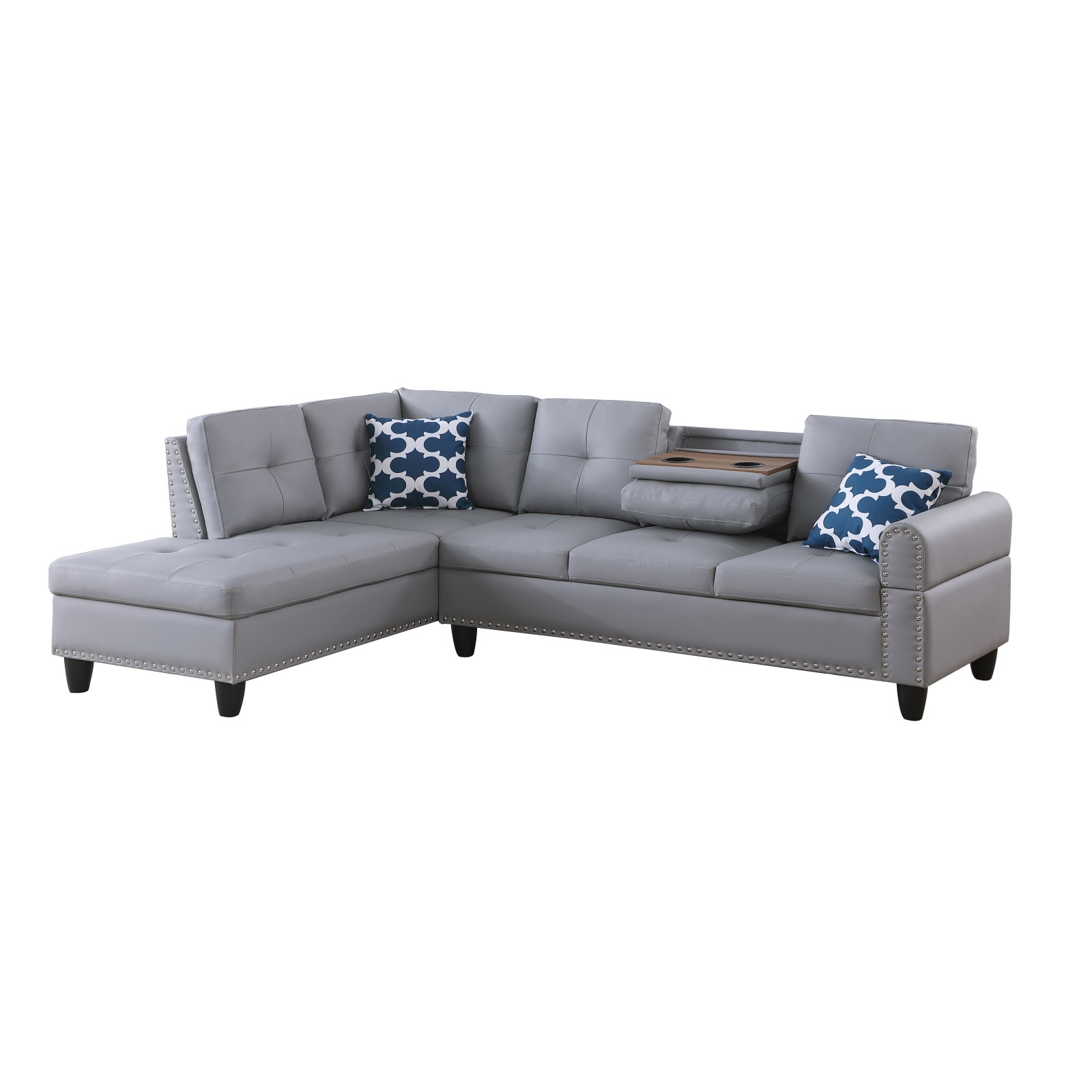 Hommoo L-Shaped Upholstered Sectional Sofa Couch with Storage & Cup Holders, Faux Leather Living Room Sofa Set, No Ottoman, Gray