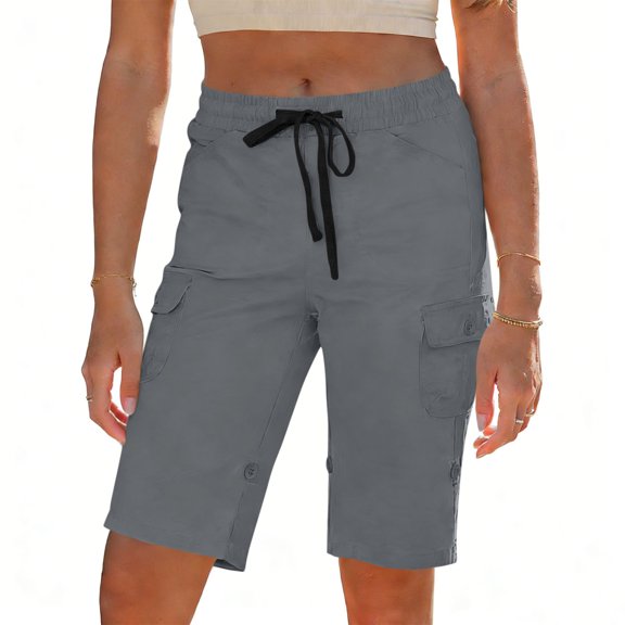 Cutuoiiu Womens Cargo Shorts, Loose Fit Solid Color Elastic Waist Multi Pocket Button Detail Bermuda Shorts for Daily Wear, Vacation Beach