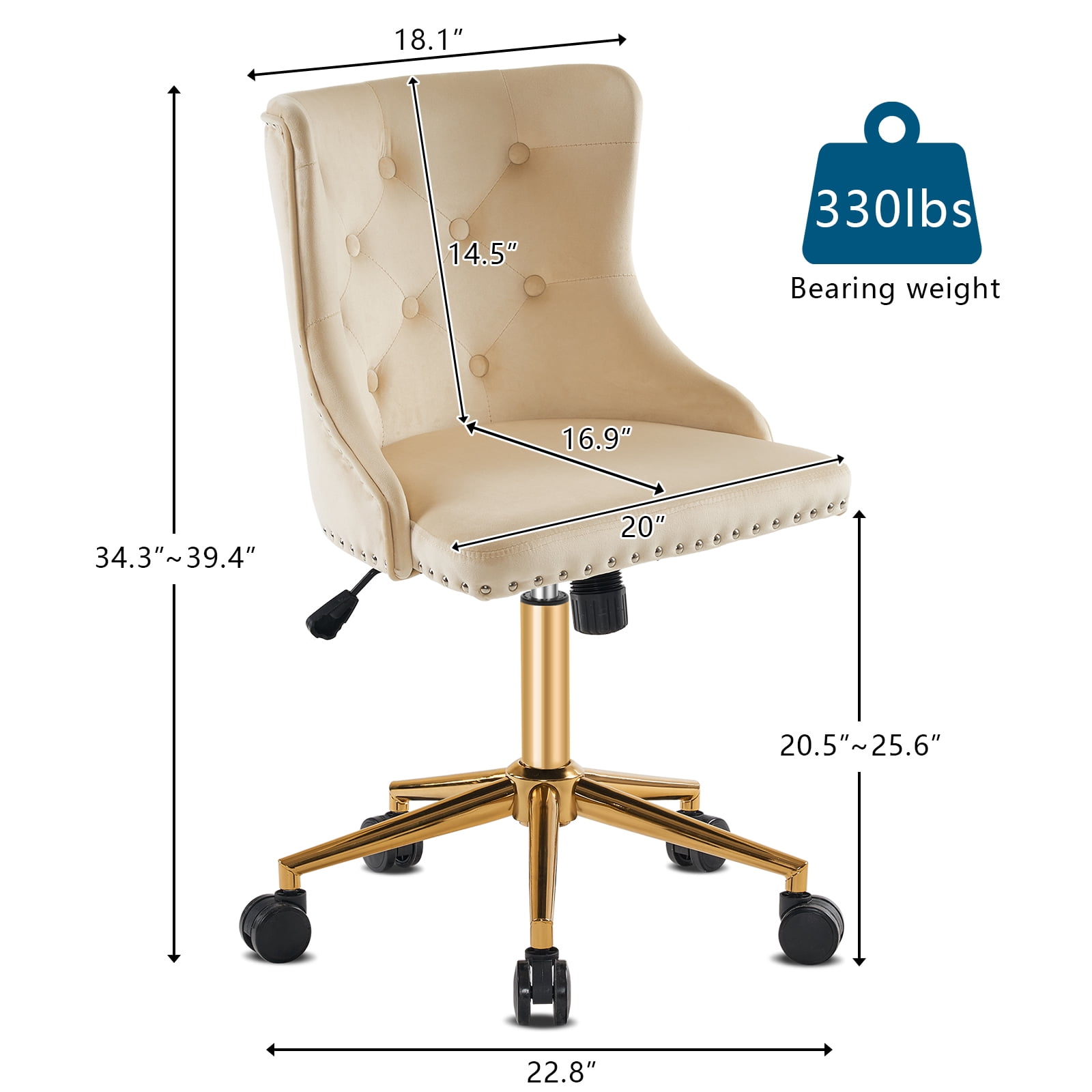 UBesGoo Armless Office Chair Flannel Computer Task Chair Adjustable Swivel Vanity Chair with Ergonomic Backrests and Wheels for Conference and Home Beige & Gold