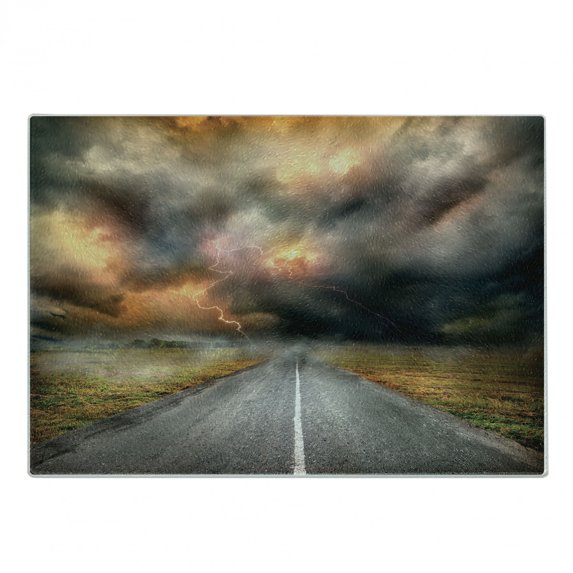 Nature Cutting Board, Dusty Storm Clouds and Thunder over Highway in Field Electrical Activity Print, Decorative Tempered Glass Cutting and Serving Board, Small Size, Orange Grey, by Ambesonne