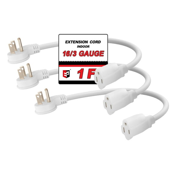 EP 3 Pack 1 Ft 16/3 Flat Plug Indoor Extension Cord, White Low Profile Extension Cable