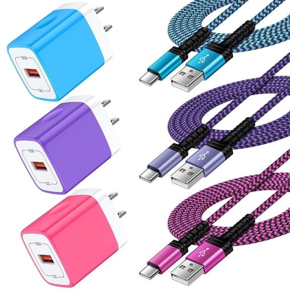 USB Fast Charger Block, 3PACK QC 18W Charging Block with 10FT USB C Cable Type C Cable Cord USB A to Usb C Cable, USB Wall Charger Plug Type C Charger Quick Android Charger USB Plug [Multicolor]