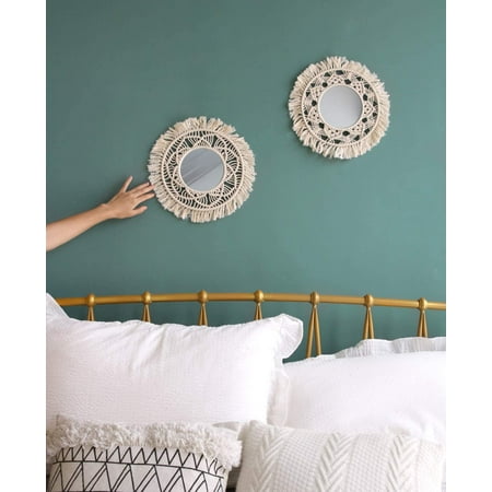 Hanging Wall Mirror With Macrame Fringe, Above Bed Mirror Set