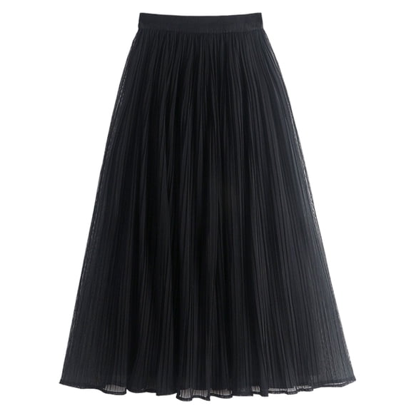 Nuoqisi Women's Ribbed Tulle Pleated Skirt Ice Silk A-Line Flared Midi Skirt - Comfortable Flowing Silhouette with Textured Detail for Everyday Elegance