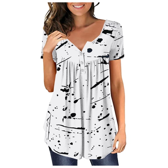 IROINNID Women's Pleated Short Sleeve Printed Round Neck Button Tunic Tops