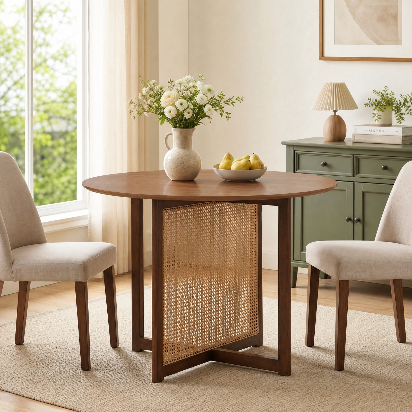 Furnibear 37 Inch Round Dining Table for 4 with Cross Pedestal Base and Rattan Accent for Kitchen and Breakfast Nook, Walnut