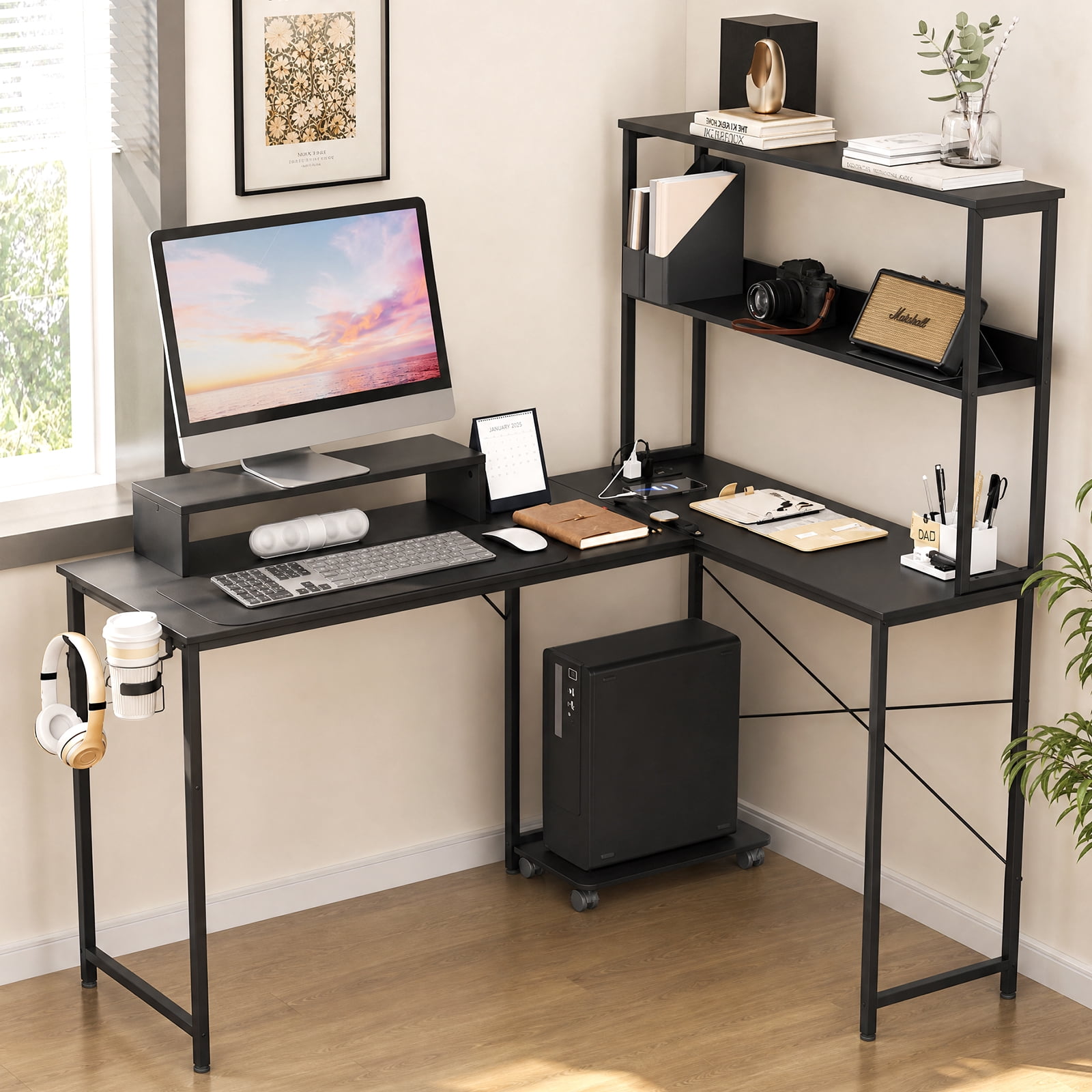 CLOUDREST PTO 53" L-Shaped Office Desk with Hutch & Power Outlets, Black