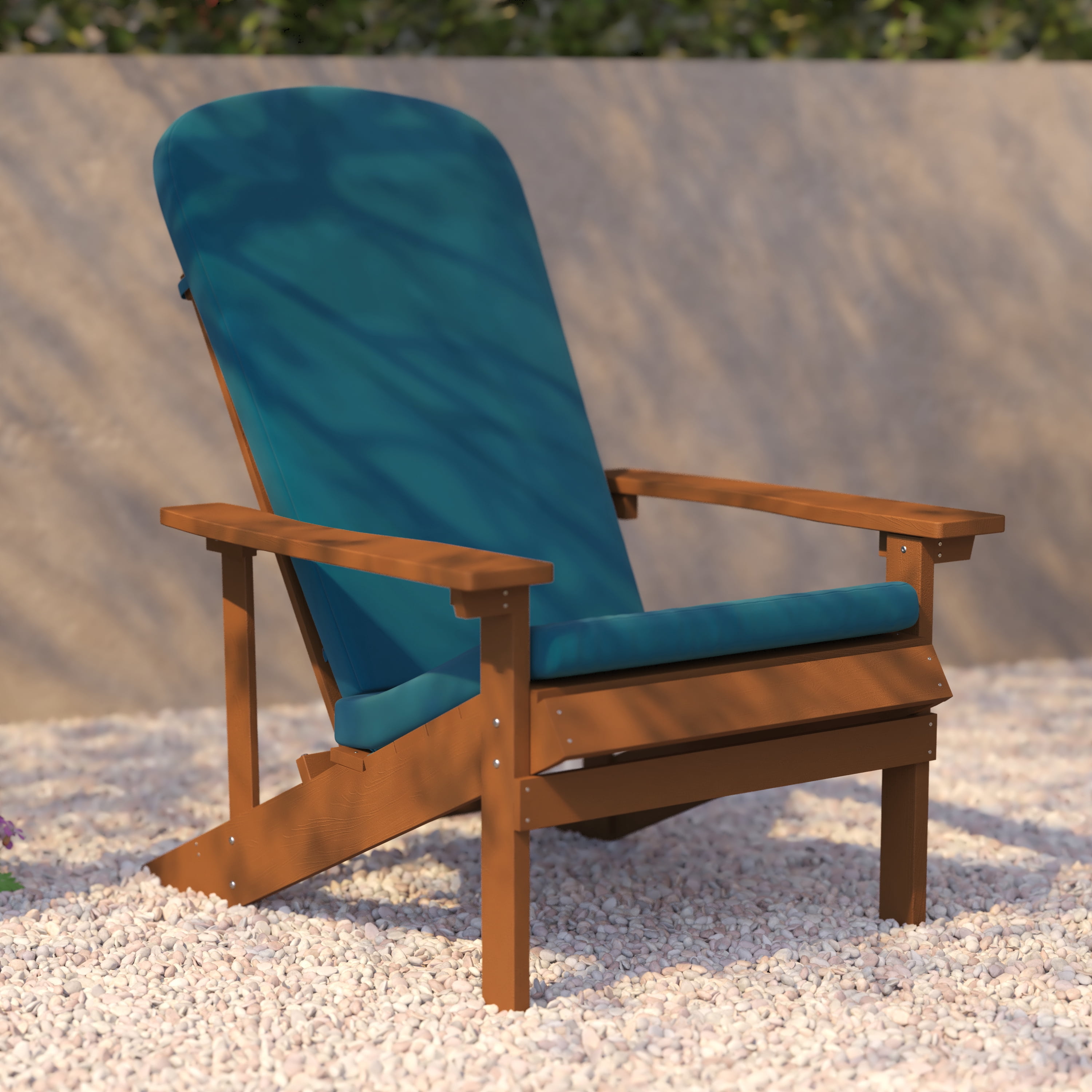 BizChair Set of 2 All-Weather Poly Resin Wood Adirondack Chairs in Teak with Teal Cushions for Deck, Porch, and Patio
