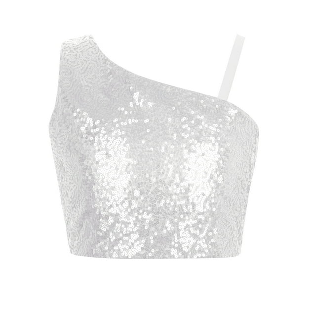 JanJean Débardeur Court à Paillettes pour Filles, Épaules Dénudées, Brillant, pour Concours, Bal, Fête, Blanc 6