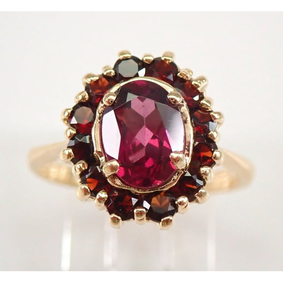 Vintage Estate 14K Yellow Gold Garnet Halo Cocktail Ring January Birthstone