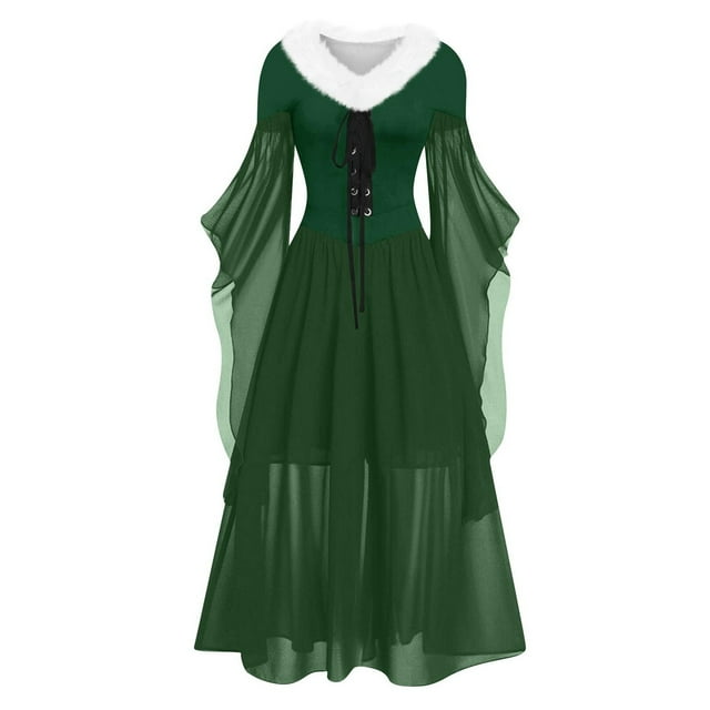 PMUYBHF Robe de Noël Patchwork Col en V Manches Longues Asymétrique 12012 L