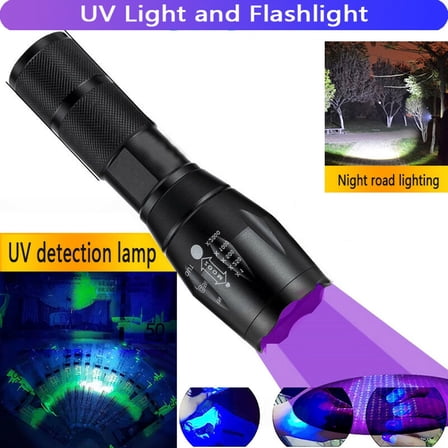 2-in-1 UV and White LED Flashlight, Zoomable Detection Lamp with Telescopic Focus for Outdoor, Home Inspection, Currency Verification