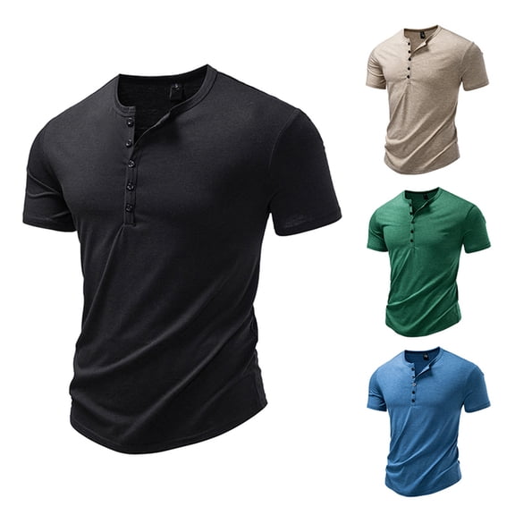 Men Short Sleeve 100% Cotton Henley T-Shirt Casual Solid Color Button-up Shirt Tee Tops Khaki