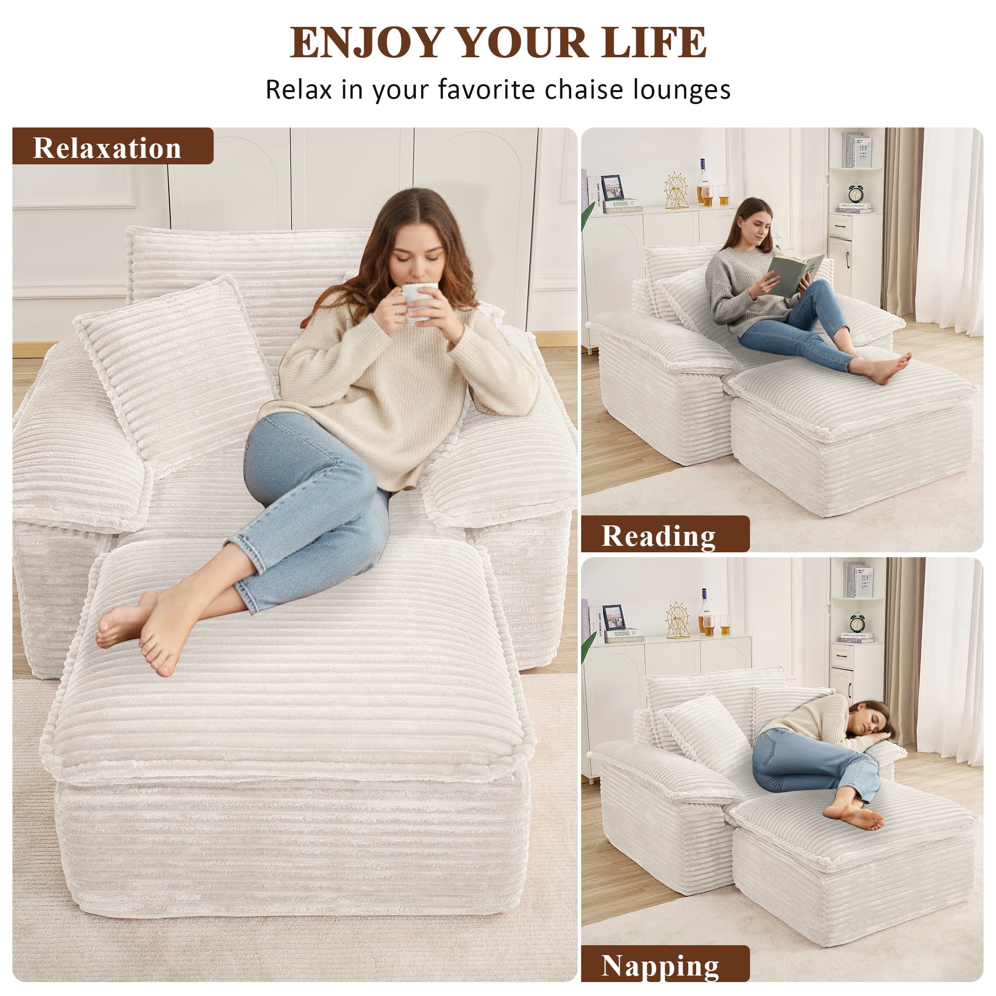 Aukfa 63.5" Oversized Chaise Lounge Sofa with Movable 2-Layer Ottoman, Deep Seat Boneless Couch, Corduroy Lounge Chair, Beige