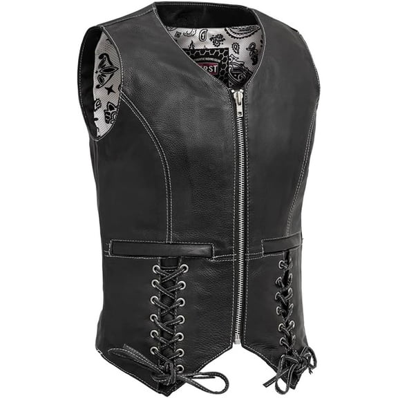 First Mfg Co - Love Lace - Women's Motorcycle Biker Riding Black Leather Vest - 2X Large - Adjustable Lacing