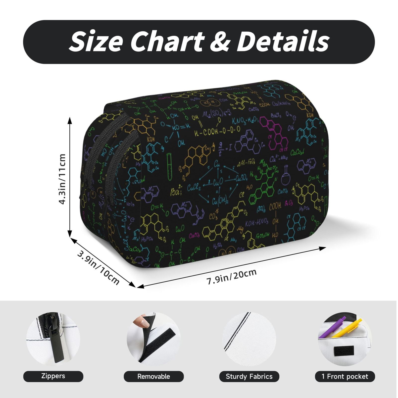 Rateoe Chemistry Formulas Pattern Double Clamshell Pen Case, Storage Organizer with Two Zipper Compartments– Holds Up to 50 Pencils & Pens