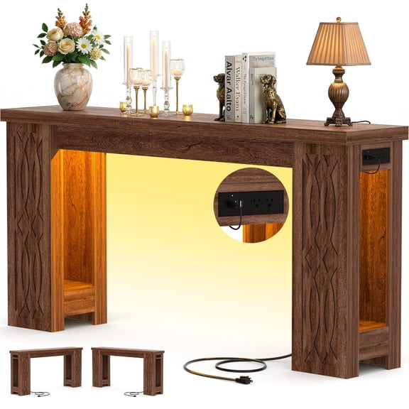 iSunirm 47'' Console Table with Charging Station, Narrow Entryway Table with LED Light, Thickened End Table for Entrance, Living Room, Bedroom, Distressed Brown