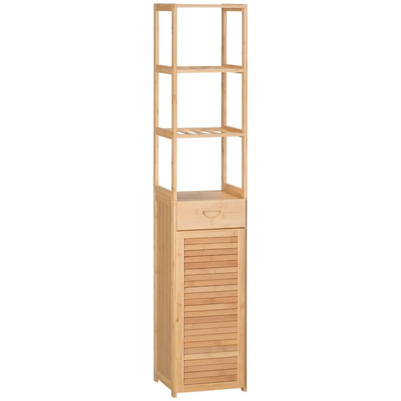 Kleankin Tall Slim Bamboo Bathroom Cabinet with Drawer & Slatted Shelves, Louvered Door Linen Tower Organizer, Natural Wood, 12.5"W x 64.25"H, Freestanding Home & Kitchen Storage