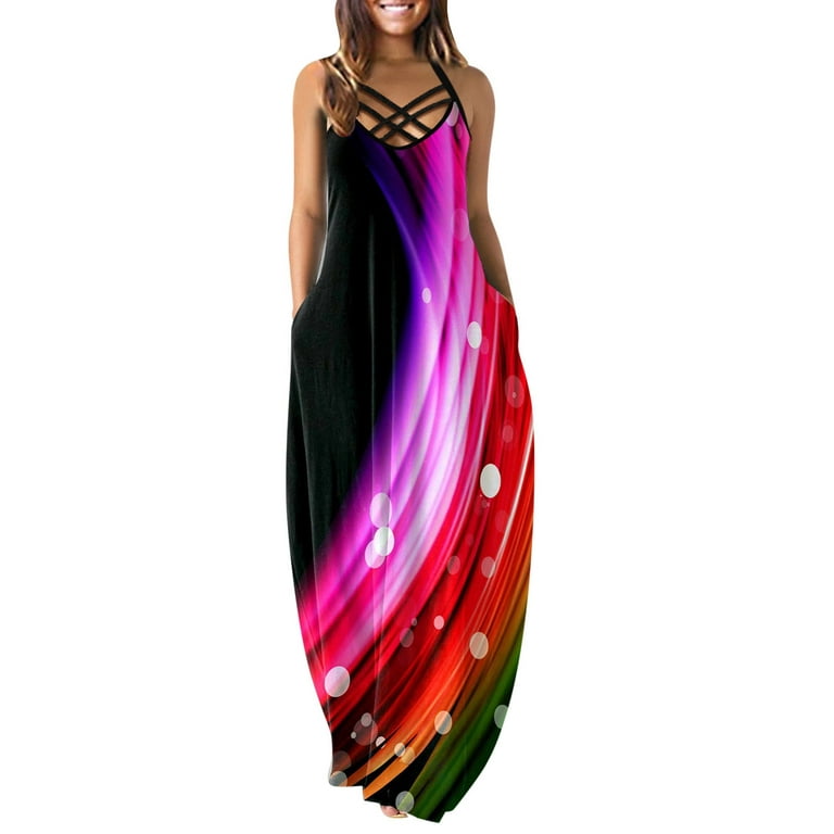 Summer Dresses For Women O Neck Print Sleeveless Double Pocket Wide Strap  Strap Plus Size Maxi Dresses Clothes Women Dresses Maxi Dresses for Women  Summer Petite Dresses with Leggings for Women Ruffle 