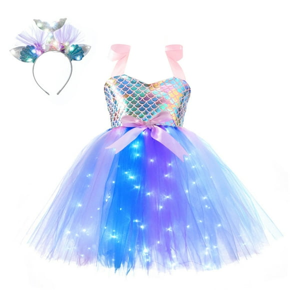 Filles Sirène Costume LED Lumière jusqu'à Tutu Habiller jusqu'à Sirène Cadeaux Princesse Robe pour Halloween Cadeau d'Anniversaire 2-10 Ans