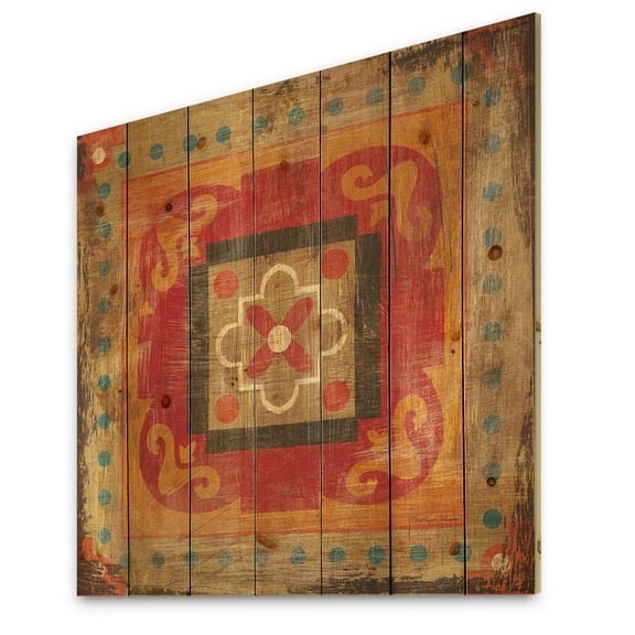 Designart 'Orange Moroccan Tiles Collage II' Bohemian Chic Print on Natural Pine Wood