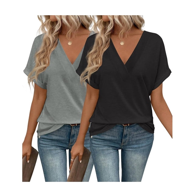 Pack de 2 camisetas EyMuse para mujer, manga corta, cuello en V, XXL