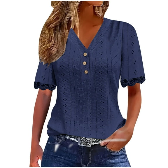 Women's Blouses Top Summer Short Sleeved T-shirts Solid Color Lace V-neck Button Shirts Casual Loose Pullover Hollow Breathable Tunic Tops 01#Blue L