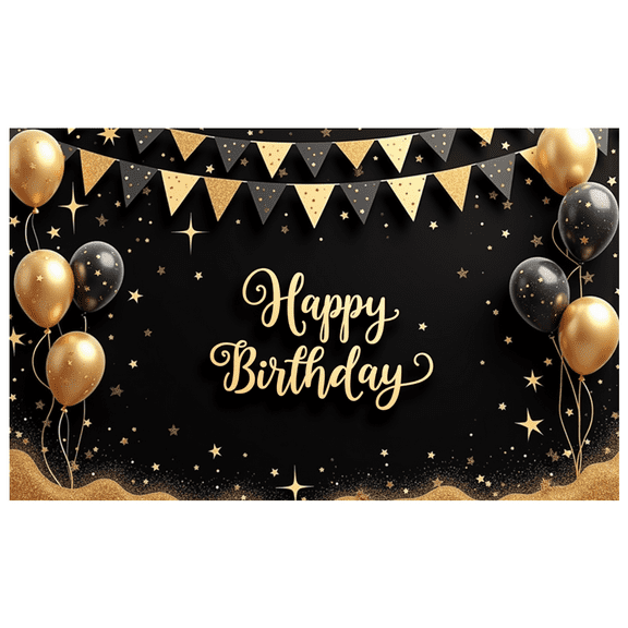 Gold Balloons Birthday Banner Black Background Star Design Party Backdrop Celebration Decoration for Birthday Party Event Indoor Decor