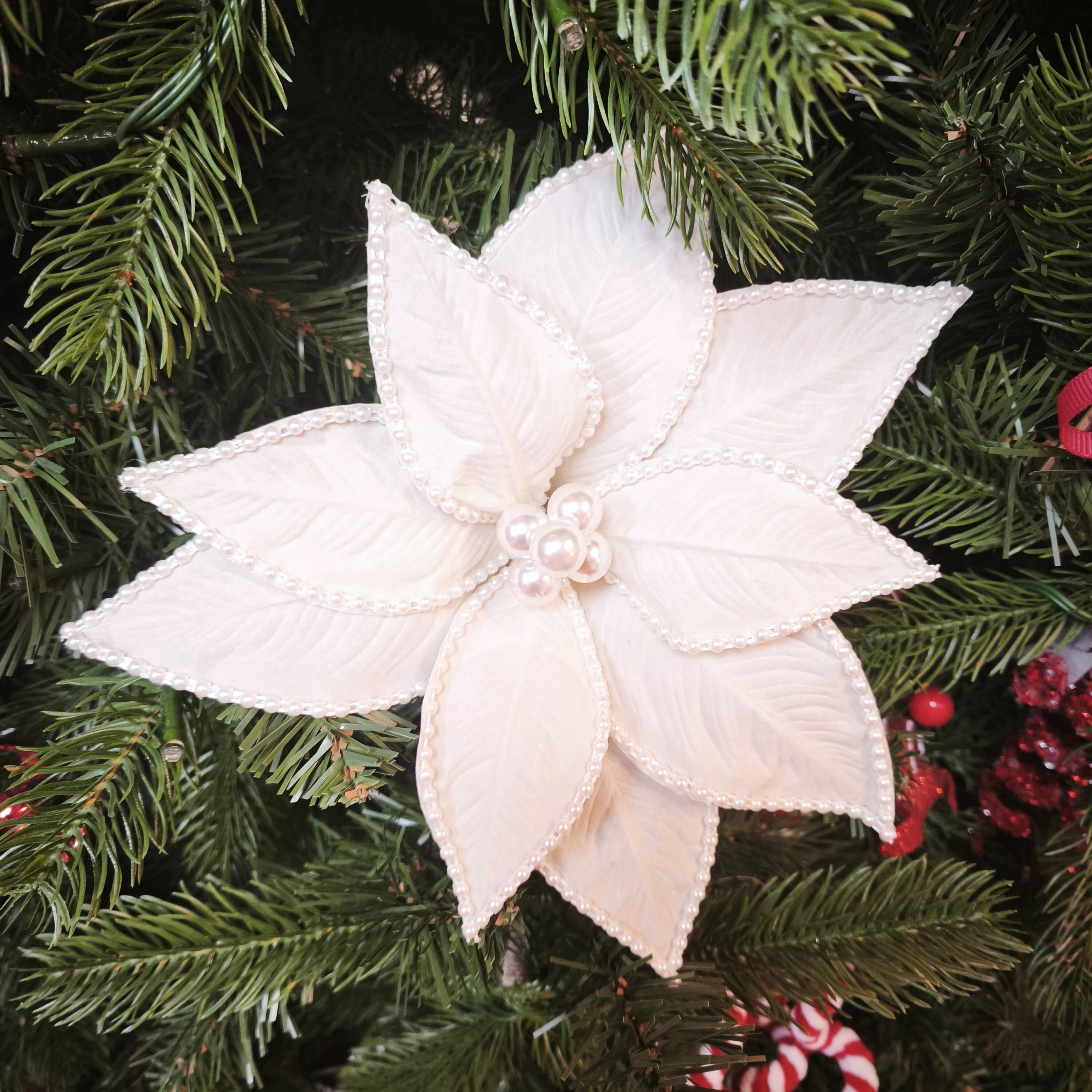 White Pearl Poinsettia Christmas Clip Ornament, 12", by Holiday Time