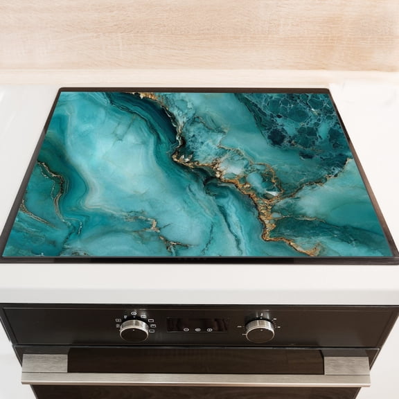 Square Stovetop Covers for Gas Stove, Teal Marble Pattern Heat Scratch Resistant Cooktop Protector, Modern Decor Non-Slip Mat for Kitchen RV (28×20 Inch)