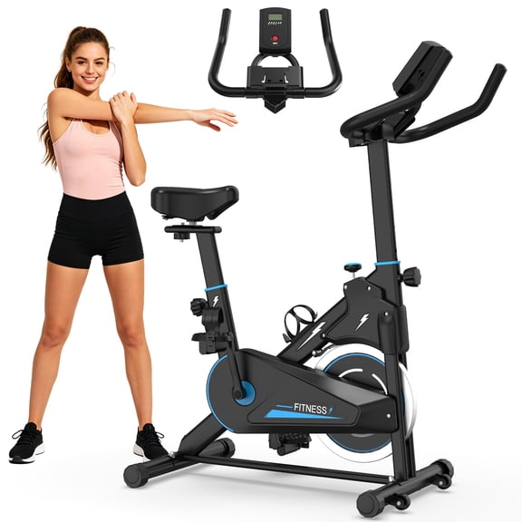 Indoor Exercise Bike with Monitor, Adjustable Resistance Stationary Cycling Bike for Home Fitness Workout, Comfortable Seat & Handlebars, Stable Portable Design Black Blue