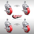 thumbnail image 2 of 4 Inch SS Red Polyurethane Wheel Swivel ½ Inch Threaded Stem Caster Set Brake, 2 of 2