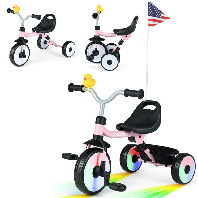 Babyjoy Tricycle 3-en-1 pour Enfants avec Roues Lumineuses Tricycle Pliant pour Tout-Petits avec Siège Ajustable Rose