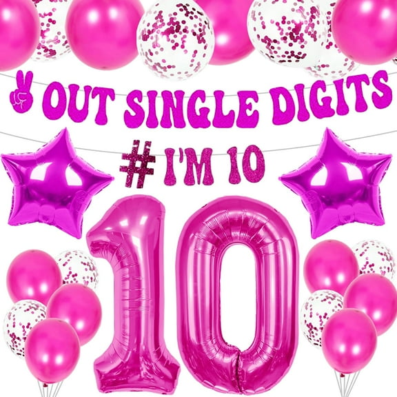 10th Birthday Party Decoration Set - Pink Glitter Aluminum Foil Number Balloons   Sequin Banners for a Girly Birthday Setup