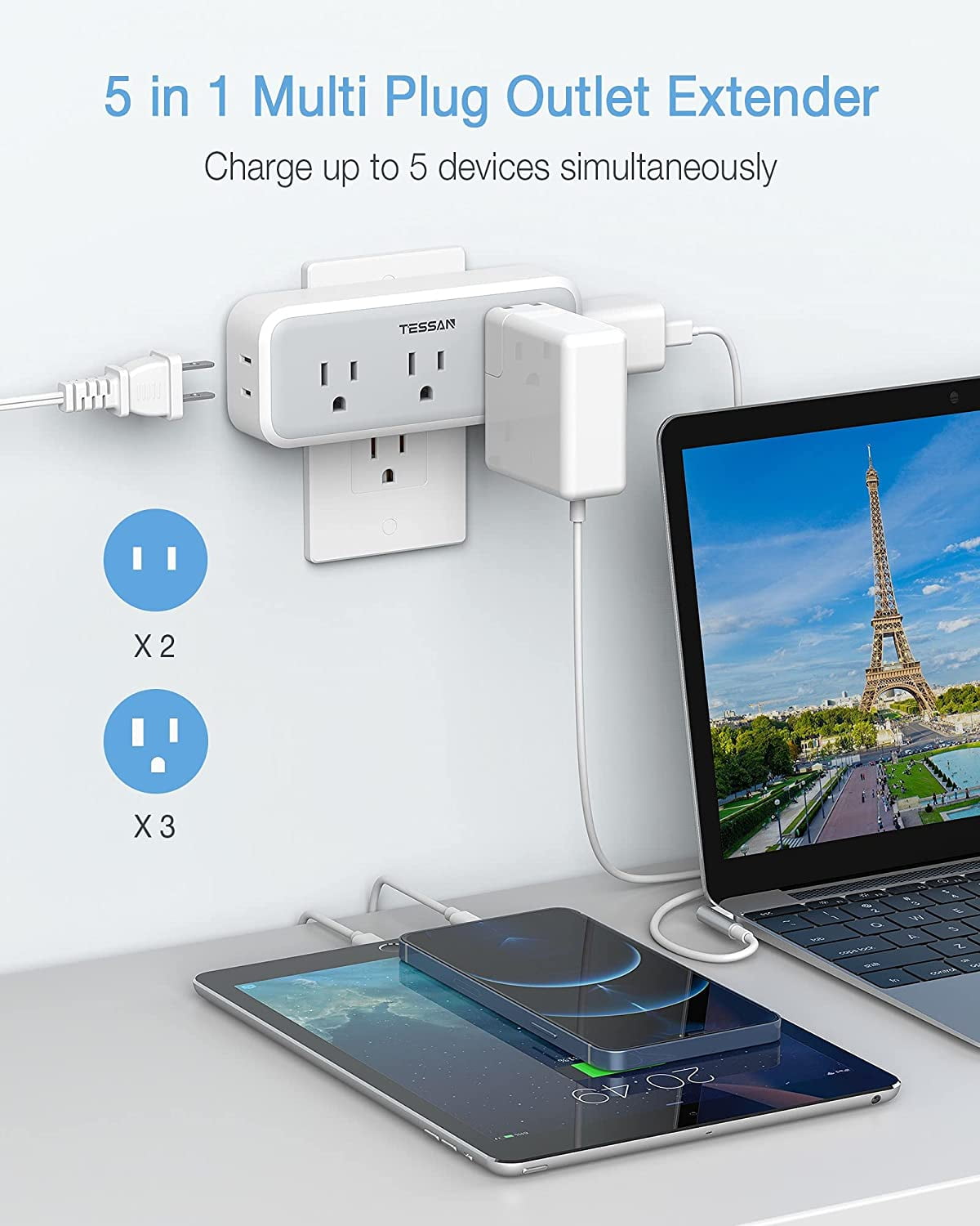 Multi Plug Outlet Extender Surge Protector Wall Splitter with 5 Electrical Expander Multiple Adapter for Travel Home Office