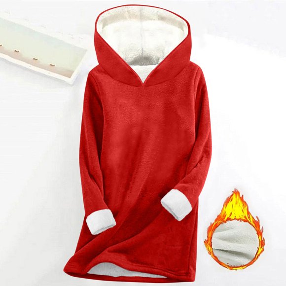 Mevxay Women Fleece Hoodies Tops Winter Plus Size Sherpa Lined Hood Sweatshirts Casual Long Sleeve Warm Solid Pullover Thicken Thermal Tops Red L