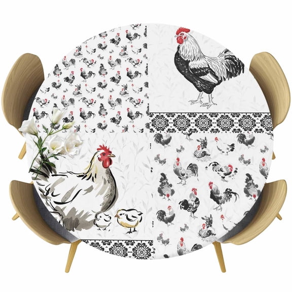 Chicken Round Tablecloth, Fitted Table Cover with Elastic for 45"-54" Round Tables, Farmhouse Country Animal Retro Pastoral Black Table Cloth Outdoor Indoor Dinning Party Waterproof Tablecloths