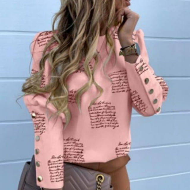 Mode Décontractée Femmes Col Rond Imprimé Simple Boutonnage Manches Longues Hauts Blouse