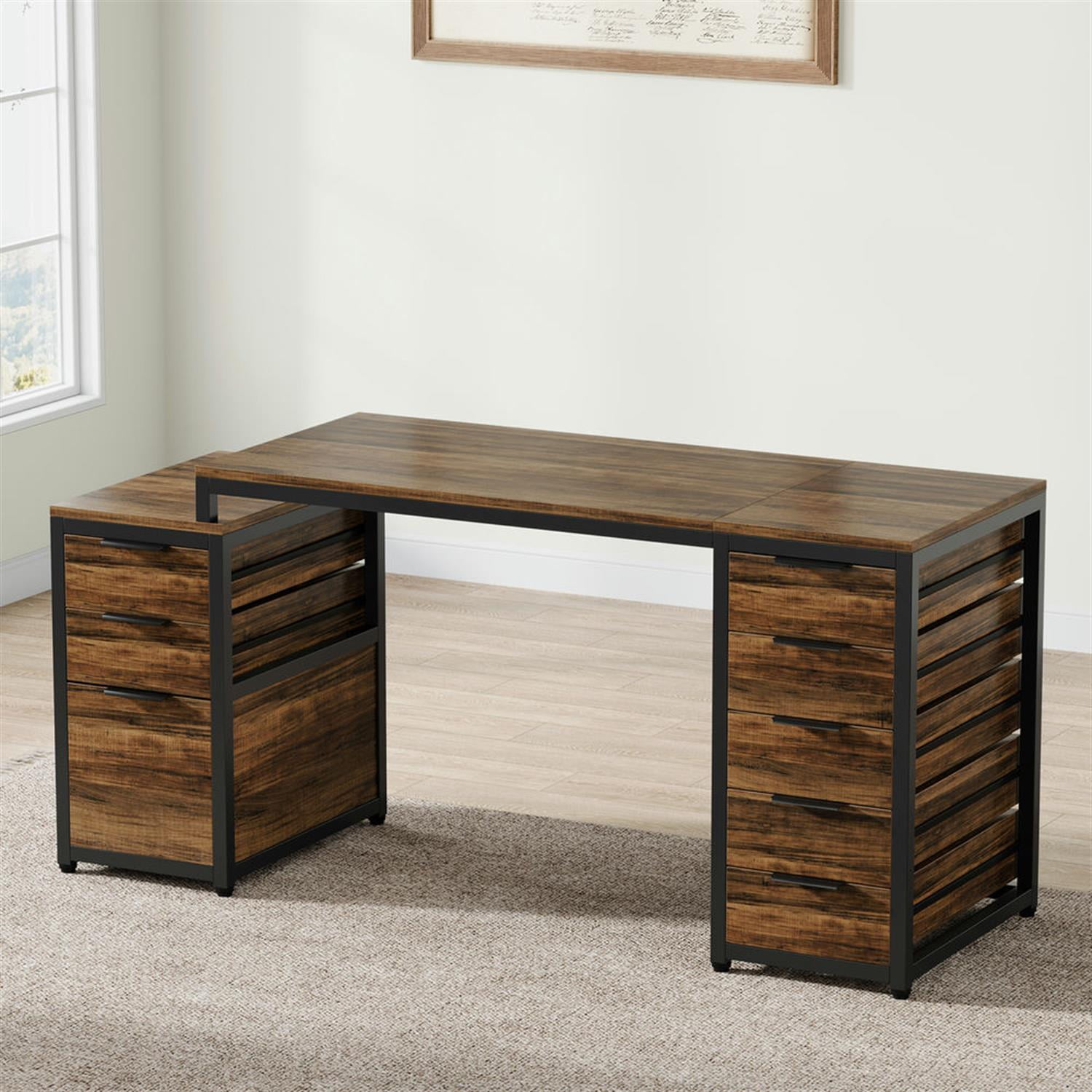 Demi Bonn 63" Computer Desk with File Cabinet and Storage Drawers, Modern Study Writing Gaming Table for Home Office, Brown