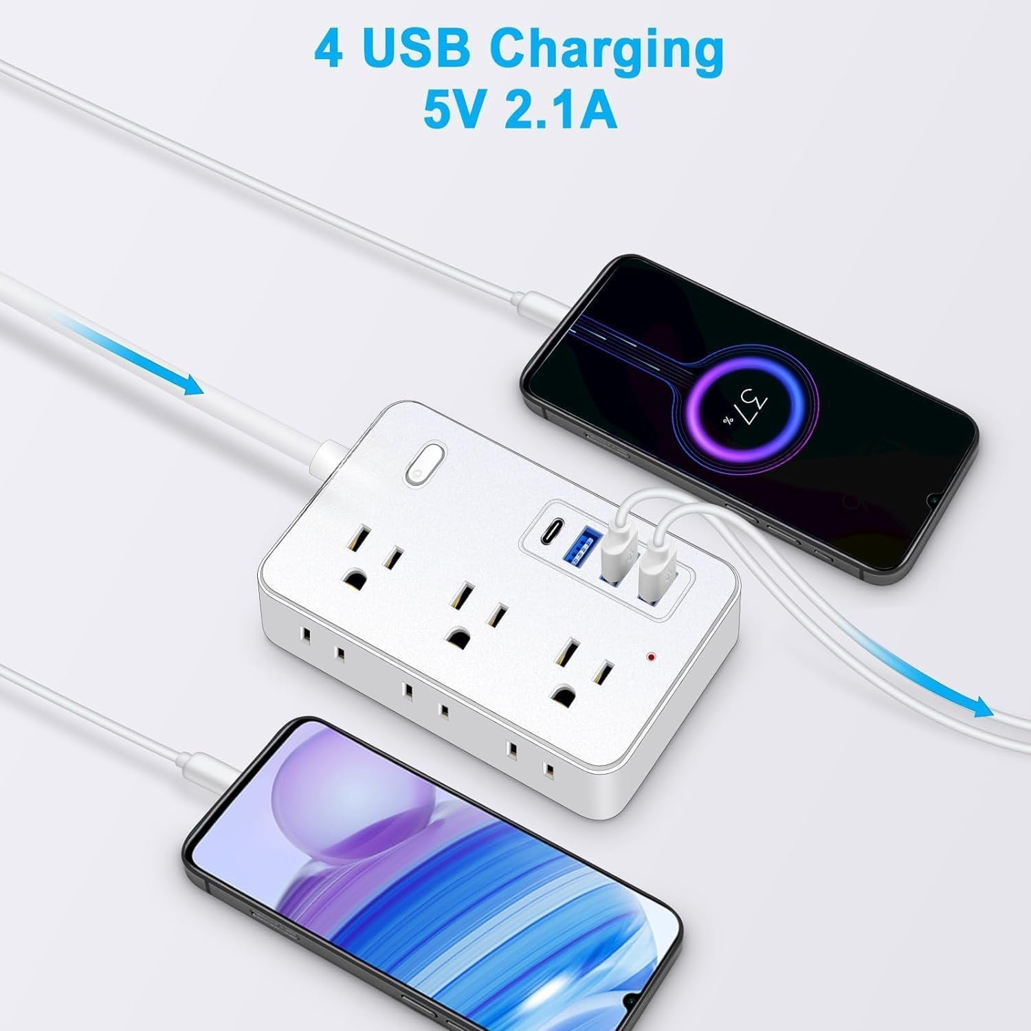 15 FT Extension Cord with Multiple Outlets,  15 ft Surge Protector Power Strip with 6 Outlets with 4  Ports(1  C),Flat Plug with Long Cord 1700 Joules Protection for  Office White