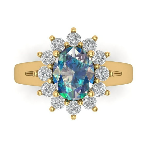 2.72 ct Oval Cut Blue Moissanite Halo Engagement Ring for Women in 14K Yellow Gold
