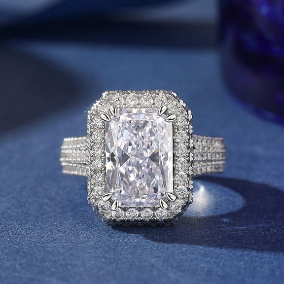 Eclet Jewels 14K White Gold Plated Wedding Ring - 2.1 Ct VVS1/D Radiant Cut Lab Created Simulated Diamond Ring - Halo Solitaire with Accent Engagement Ring - Multi-Row Wedding Diamond Rings for Her