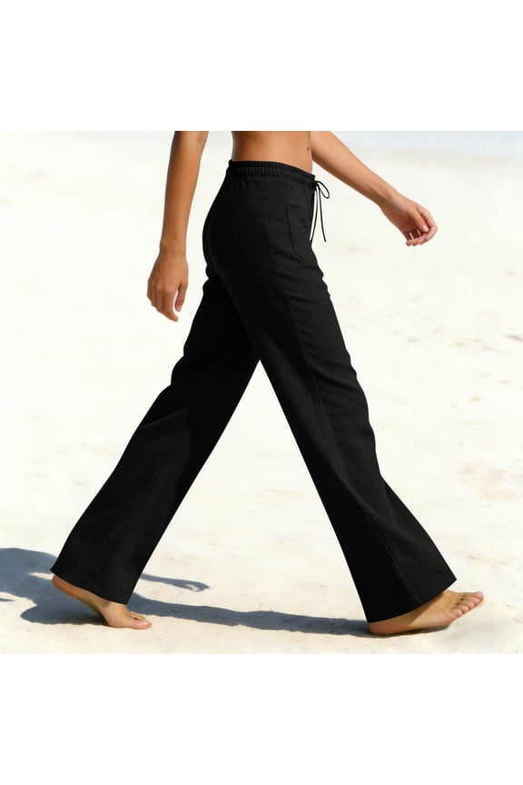 Linen Pants Women Drawstring Low Waisted Long Pant Lightweight Straight Leg Trousers with Pockets Black XXL